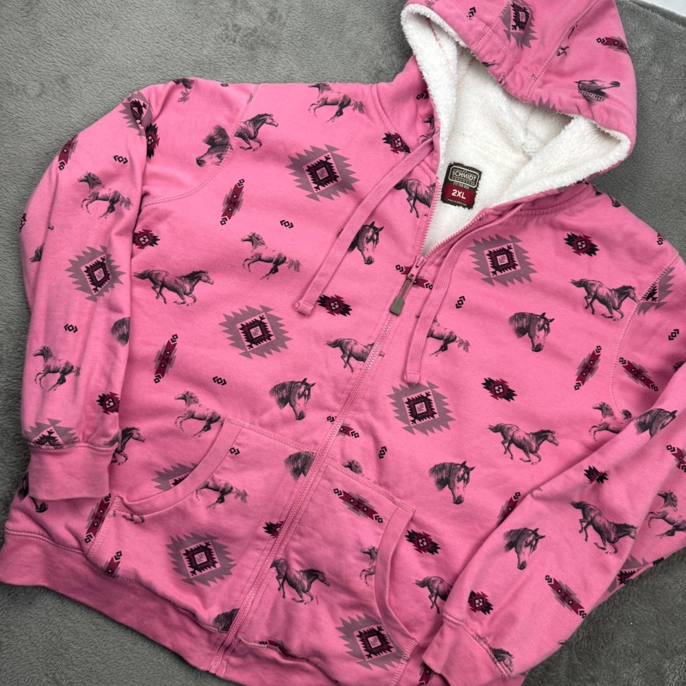 C.E. Schmidt Horse Hoodie Women 2XL Pink Excellent Sherpa Lined Southwestern Zip